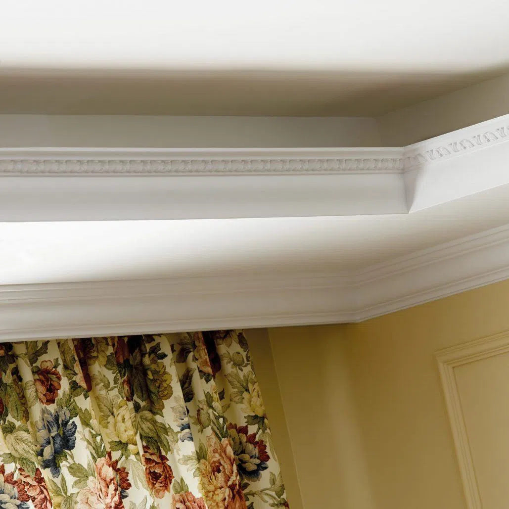 ANTHEA WT11 2.44M NMC Ceiling Coving on white ceiling with yellow wall | DecorMania UK